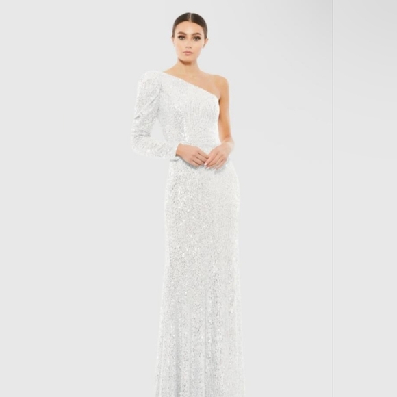 Mac Duggal Sparkling White One Shoulder Triumpet Long Sleeve Dress- HOMECOMING!! - Picture 3 of 12